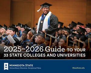 Graduation ceremony with a man in cap and gown, text overlay about 2025-2026 guide to Minnesota State colleges and universities.
